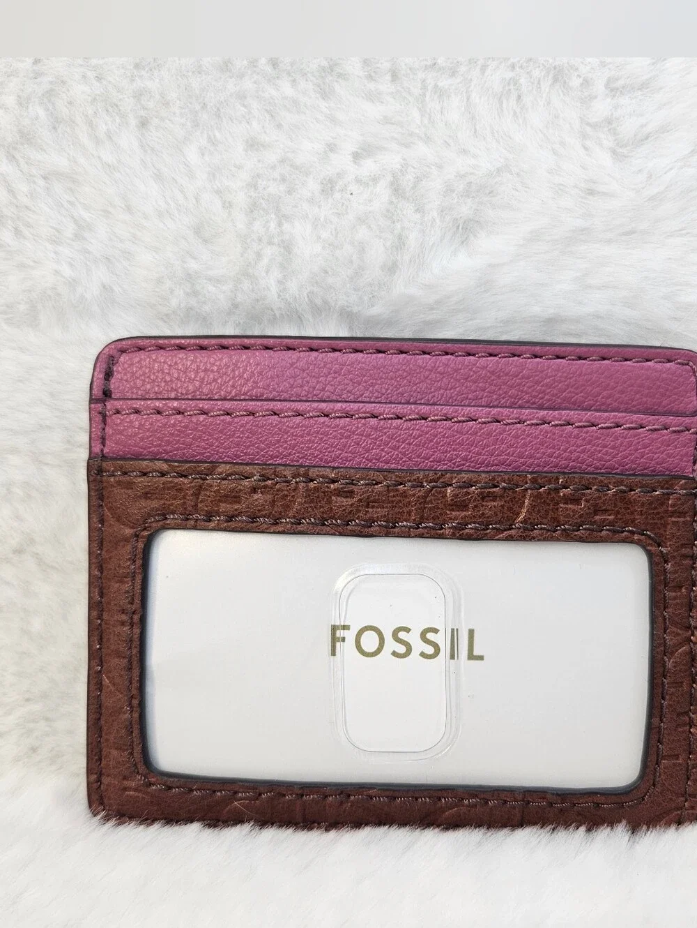 Fossil Pink and Brown Embossed Card Holder with Gold Key Clip